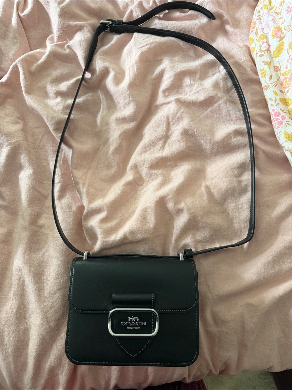 Coach Black Leather Crossbody with Silver Buckle